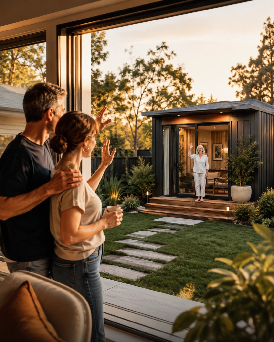 Compact backyard granny flat with a covered entry and garden path