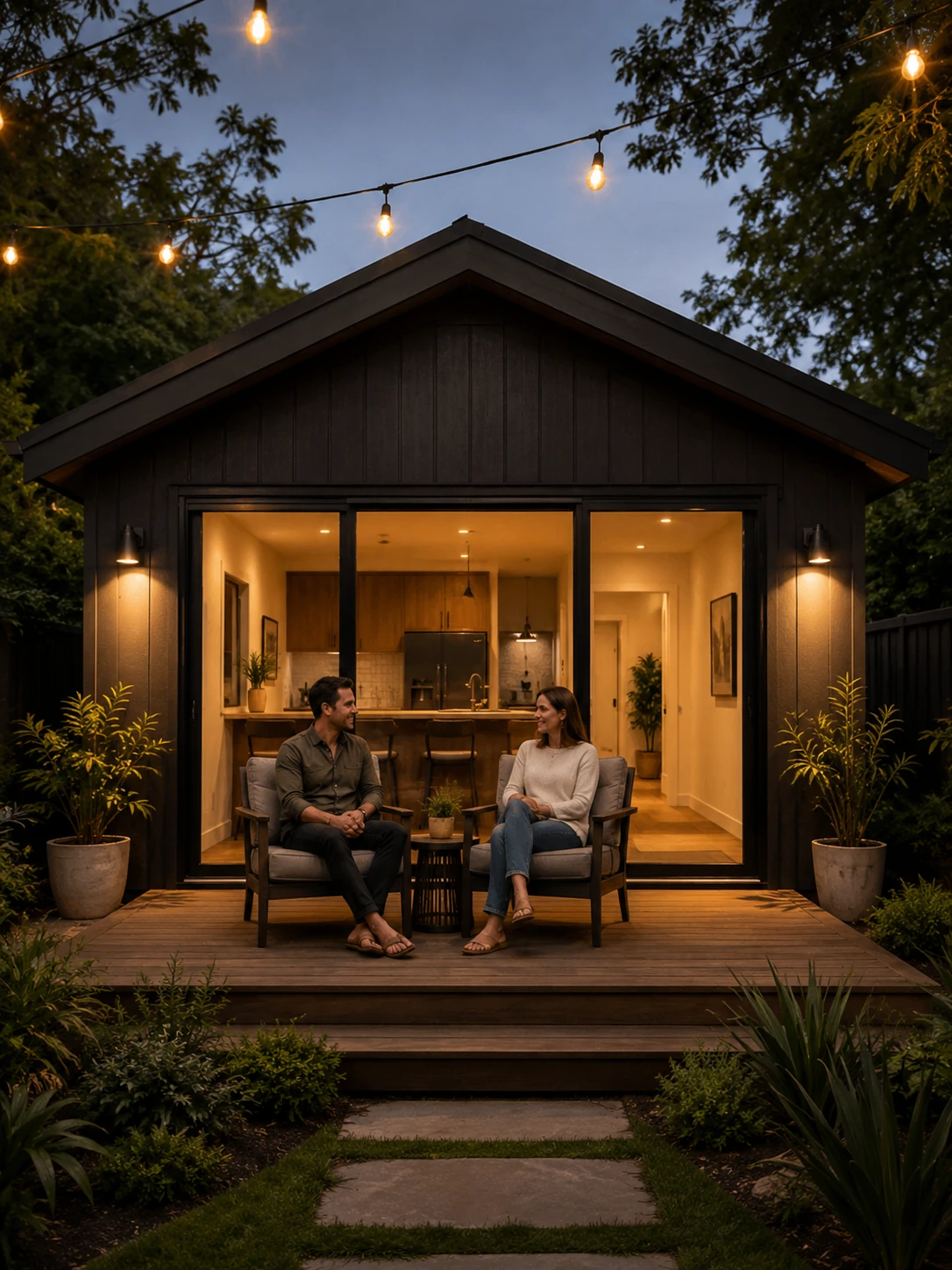 Self-contained backyard guest retreat with a small deck and warm lighting