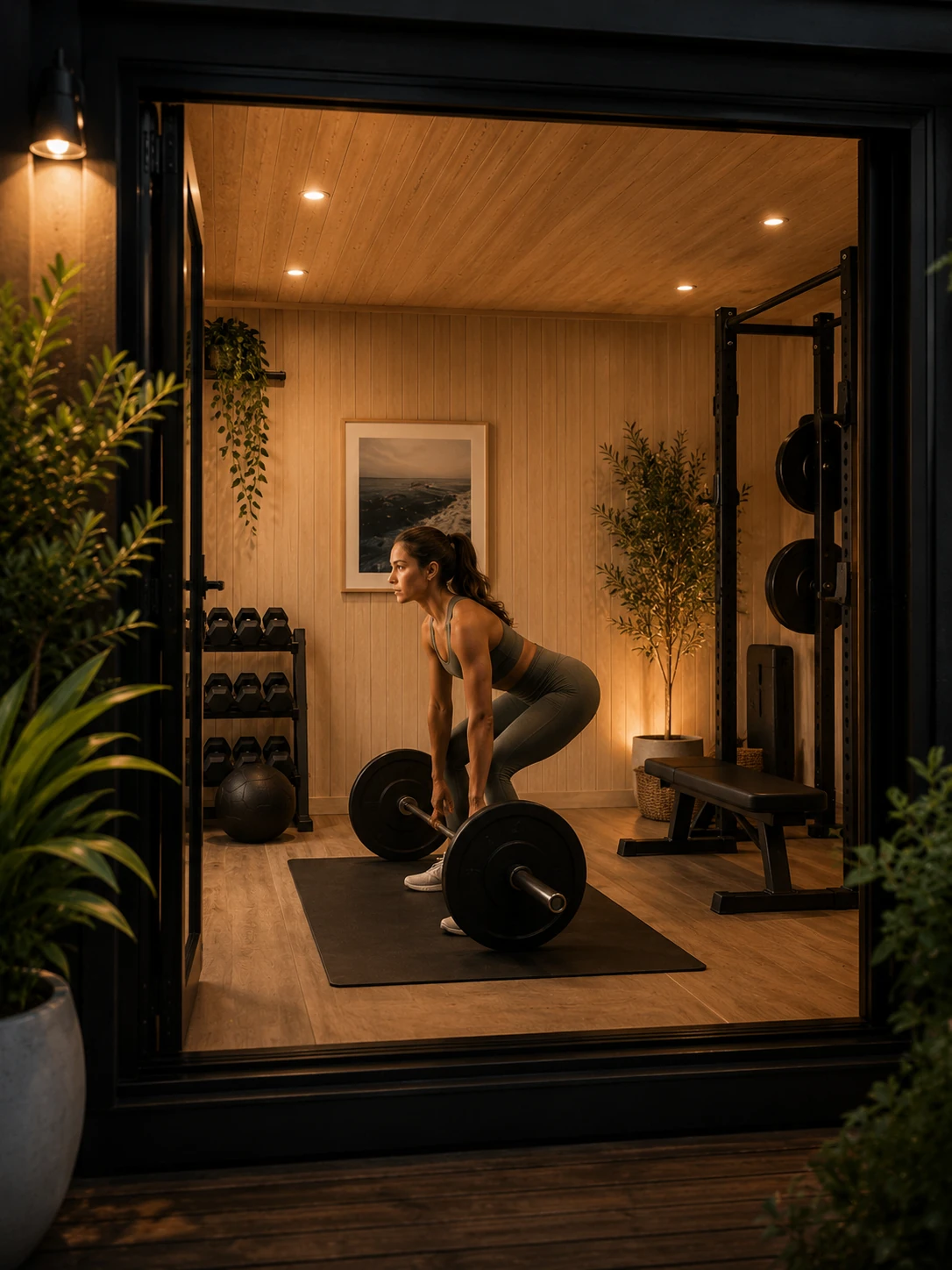 Backyard studio fitted out as a private home gym and wellness space