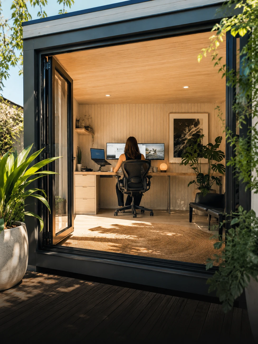 Backyard home office studio with large windows and a desk facing the garden